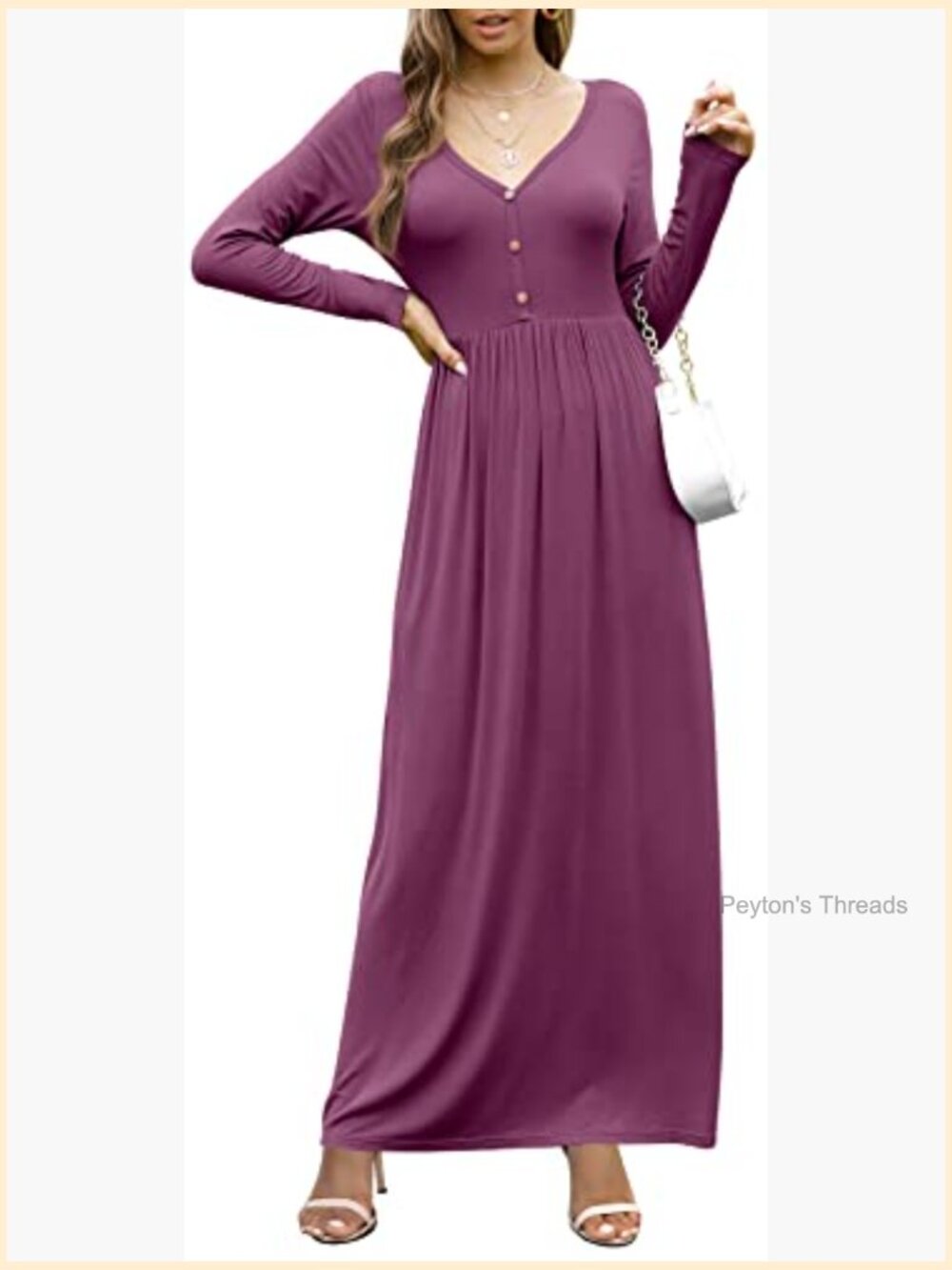 Long Sleeve V Neck Button Maxi Dress with Pockets - Picture 2 of 7